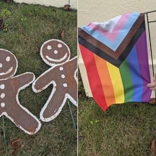 Police are investigating the vandalization of a gay couple's Christmas decorations, Lost Coast Outpost reports. The Eureka, Cal. couple had two gingerbread men holding hands and a Pride flag in their front yard. The handmade gingerbread men had been ripped out of the ground, smeared with feces, and left beneath the Pride flag. Brian Kleinmeyer, one half of the gay couple, said "They literally ripped them out of the ground, and wiped their asses with them, and carefully laid them at the base of our Pride Flag. I thought things might get stolen, but never in a million years did I think this would happen. I'm completely in shock." Tap link in bio to continue on @EDGEmedianetwork ??️‍?⁠
⁠
?️: @kschatt13⁠
?: Brian Kleinmeyer / Facebook