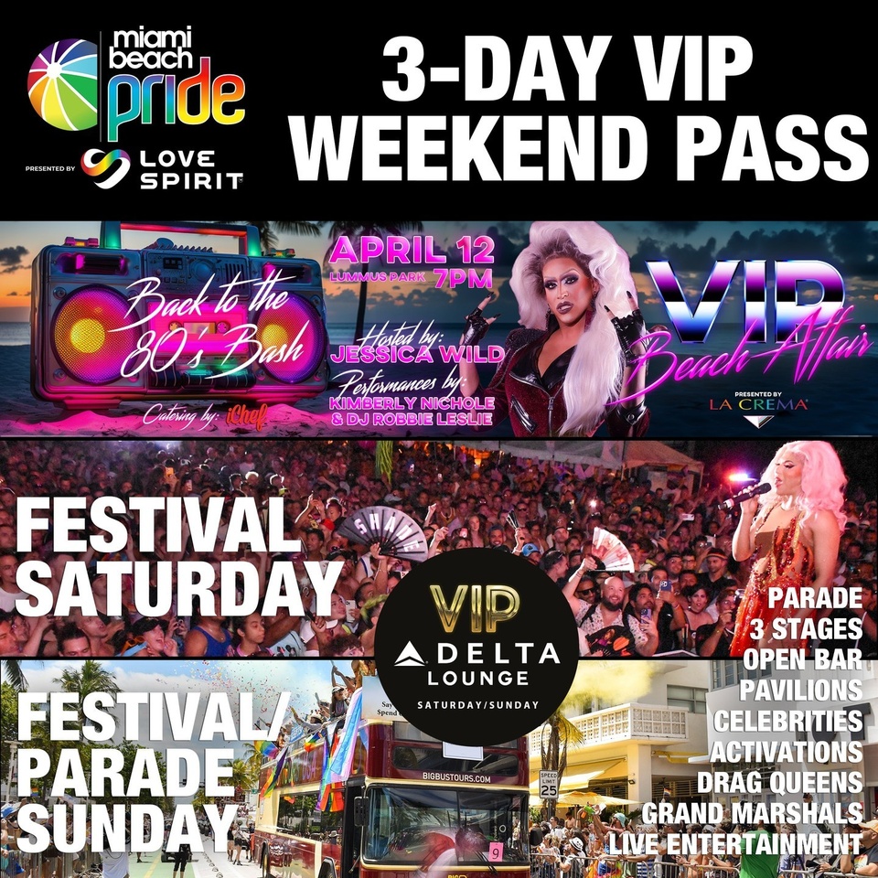 Miami Beach Pride is back April 12-14 in Lummus Park, Miami Beach! ? Be fabulous all weekend long with the 3-day VIP Weekend Pass to enjoy the exclusive 80s Beach Bash VIP Beach Affair on Friday, April 12th. And includes your boarding passes to the @delta VIP Lounge for the 2-day festival weekend Sat/Sun, April 13 & 14.⁠
⁠
With your VIP status on Friday you can enjoy an open bar, light bites by executive chef @ichefllc and enjoy all of the fabulous talent while sipping on bubbles by presenting sponsor @lacremawines⁠
⁠
For the festival weekend you will get access to the Delta VIP Lounge with an open bar, bites by @rhousewynwood, exclusive air conditioned restrooms and premium viewing of the @lovespiritusa entertainment stage.⁠
⁠
Go to the Tickets link in @miamibeachpride bio to take advantage of early bird pricing! #sponsored