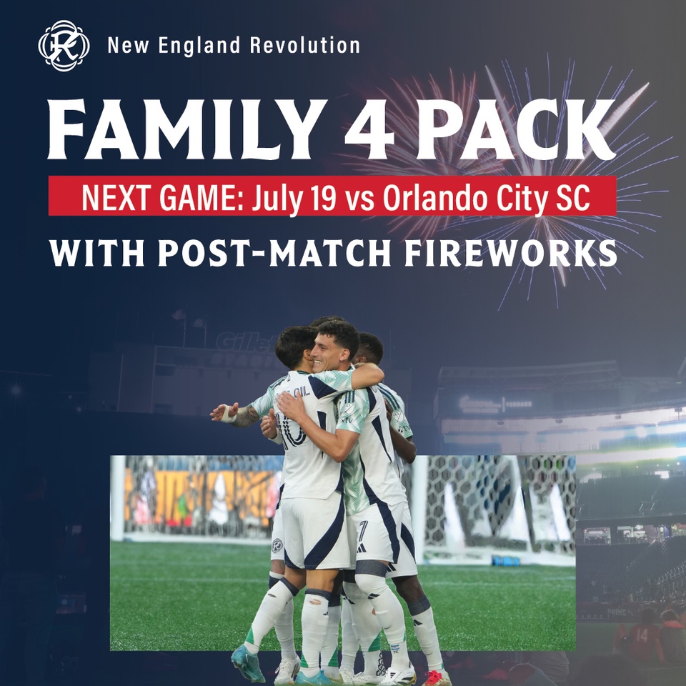 Join us on July 19 at Gillette Stadium as the @NERevolution take on Orlando City SC at 7:30 PM! Stick around after the final whistle for an amazing fireworks show ?. Don’t miss out, make sure to grab your Family 4 Pack today to save up to 33% off individual tickets! ?  #NERevs Link in bio! #sponsored