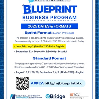 ? Since 2019, the Blueprint Business Program has graduated over 370 #entrepreneurs!⁠
⁠
This is the course you have been waiting for if you want to start or grow your business in #Brownsville. Each session will cover a fundamental aspect of business and entrepreneurship: finances, planning, management, legal structures, taxes, marketing, and various resources available to fuel your growth.⁠
⁠
✅ We offer 2 formats: an intensive sprint format or a flexible weekly schedule. We have new sessions starting this summer, with the next ones beginning in June and in August, respectively.⁠
⁠
This free program is made possible thanks to sponsorship from @brownsvillecic and is facilitated by @utrgv_ecc using the nationally recognized Kauffman FastTrac curriculum.⁠
⁠
?Apply now: https://bit.ly/m/blueprintbtx (link in bio)⁠
⁠
You can start your application today and resume it later. We’ll notify you when the next session that fits your preferences is available. 