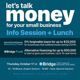• ESPAÑOL MÁS ABAJO •

Are you a small business owner or entrepreneur looking for financing options to start, grow, or expand your business?

RSVP link in bio.

Join the Brownsville Community Improvement Corporation (BCIC) for a bilingual information session designed to help you navigate the funding opportunities available through our programs.

What You’ll Learn:
• Recovery Fund: Discover how you can access 0% forgivable loans of up to $20,000 to help your business recover from the impacts of COVID-19. Even if you’ve received previous assistance like PPP, you’re still eligible to apply.
• eBridge Fund: Learn about our revolving loan program offering loans from $15,000 to $50,000 with interest rates as low as 6.35%. This fund is ideal for businesses that can’t secure traditional bank financing or are seeking more competitive rates.

Event Schedule:
12:00 PM – 12:30 PM: Presentation in English
12:30 PM – 1:00 PM: Presentation in Spanish

Complimentary Lunch: Lunch will be provided for all attendees who RSVP.

For questions, call 956-747-0100 or email vpadron@bcic.us

–

•ESPAÑOL •
¿Eres dueño de una pequeña empresa o emprendedor buscando opciones de financiamiento para iniciar, crecer o expandir tu negocio?

Confirma tu asistencia a través del link en la descripción.

Lo que aprenderás:
• Fondo de Recuperación: Descubre cómo puedes acceder a préstamos perdonables al 0% de interés de hasta $20,000 para ayudar a que tu negocio se recupere de los impactos del COVID-19. Incluso si has recibido asistencia previa como el PPP, aún eres elegible para aplicar.
• eBridge Fund: Aprende sobre nuestro programa de préstamos revolventes que ofrece préstamos desde $15,000 hasta $50,000 con tasas de interés tan bajas como 6.35%. Este fondo es ideal para negocios que no pueden obtener financiamiento bancario tradicional o que buscan tasas más competitivas.

Almuerzo (lunch) de cortesía: Se proporcionará almuerzo para todos los asistentes que confirmen su asistencia.

Para preguntas, llama al 956-747-0100 o envía un correo electrónico a vpadron@bcic.us