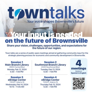 Your input is necessary to shape Brownsville's future. Join us at the BCIC Town Talks to share your vision and contribute to our strategic plan.

? RSVP for Town Talk Sessions: (link in bio)

Light refreshments will be served.

Mon. 02/12 | 5:30 – 7 PM (Doors: 5PM) | Main Branch Library
Tue. 02/13 | 5:30 – 7 PM (Doors: 5PM) | Southmost Branch Library
Wed. 02/14 | 10:15 – 11:45 AM (Doors: 9:45 AM) | eBridge Center
Thu. 02/15 | 5:30 – 7 PM (Doors: 5PM) | eBridge Center

Why should I participate in the BCIC's Town Talks and Strategic Plan?

Think of a strategic plan like a map for a journey that Brownsville is about to take. Instead of hitting the road and seeing where it takes us, we're deciding in advance which turns to take to reach the places we really want to go.

So, for Brownsville, this strategic plan is a carefully thought-out set of directions that outlines where we want the city to be in the next decade. It considers what businesses we want to attract, how we can improve life for residents, and what kind of projects will make the city a better place to live, work, and play. It's like setting up waypoints for success, community growth, and economic health.

The best part? Everyone in Brownsville gets to suggest what should be on the map. That's why these Town Talks are a big deal – they're like group brainstorming sessions where everyone's ideas are welcome. The final plan will be a mix of these ideas, kind of like a community wishlist that's actually backed up by a real plan to make it all happen.

Mark your calendars for one of our four interactive sessions where your voice takes center stage.

READ THE PRESS RELEASE FOR MORE INFO (link in bio)
