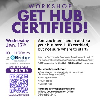 Business opportunities are reserved for you, and we will teach you how to be ready to look for them.⁠
⁠
The Historically Underutilized Business (HUB) program is a State of Texas initiative to increase the opportunities available to businesses owned by minorities and women in the area of state procurement and contracting.⁠
⁠
This workshop is free and open to the public and will cover the following topics:⁠
• Overview of the Historically Underutilized Business Program.⁠
• HUB application⁠
• NIGP codes⁠
• District Map⁠
⁠
REGISTER: www.bit.ly/GETHUB24 (Link in bio)⁠
Wednesday Jan. 17 | 10 - 11:30am⁠
⁠
Program presented by Prairie View A&M Cooperative Extension Program in partnership with the Brownsville Community Improvement Corporation (BCIC).
