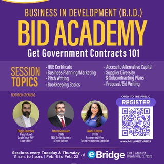 Whether you're in food, construction, or any small business field, this is your chance! Learn about HUB certification, gain insights on accessing state contracts, discover alternative capital sources, and master the art of proposal and bid writing. 

Join us at the @ebridgecenter in Brownsville for BID Academy, brought to you by Prairie View A&M University Extension Service in Willacy and Cameron County. Kicking off February 6 and taking place every Tuesday and Thursday until Feb. 22. Plus, enjoy a complimentary lunch while networking with fellow entrepreneurs from Cameron and neighboring counties.

Free and open to the public. RSVP link in bio.