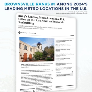 The Brownsville-Harlingen metro has claimed the #1 ranking in Area Development’s 2024 Leading Metro Locations Report, highlighting its remarkable economic transformation.⁠
⁠
Recognized as the top city in Texas for job creation, this achievement is fueled by key growth drivers and strategic initiatives that continue to propel the region forward.⁠
⁠
On our end, the Brownsville Community Improvement Corporation (BCIC) has invested over $7.5 million in quality of life programs, enhancing amenities and fostering a community-centric approach to economic growth.⁠
⁠
The Federal Reserve Bank of Dallas attributes much of the region’s growth to SpaceX’s presence and investments exceeding $3 billion. SpaceX’s Starbase facility has placed Brownsville into the national spotlight, creating high-paying aerospace jobs and positioning the city as a high-tech manufacturing hub. ⁠
⁠
The Port of Brownsville reported a 17% increase in total cargo tonnage in 2023, reaching 17.8 million tons. This underscores the port’s pivotal role in facilitating trade and commerce for South Texas, boosting the region’s economic development.⁠
⁠
This recognition by Area Development underscores Brownsville’s ongoing efforts to build a resilient economy, foster innovation, and improve the quality of life for its residents. Local leaders note that this is Brownsville’s most significant economic expansion in recent memory, with transformative developments across key sectors contributing to its surge in job creation and investment attraction.⁠
⁠
Link in bio to read the whole report.