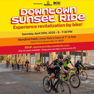 ? The Downtown Sunset Ride, presented by @brownsvillecic and @btxrgv invites you to explore the heart of our city, where history, revitalization, and innovation intersect.

✅ RSVP: https://downtownride.eventbrite.com (link in bio)

Bring your own bike or rent one for just $5 (limited availability).
Free to attend. Space is limited—register now.

This guided ride highlights ongoing efforts to breathe new life into historic landmarks and commercial corridors while energizing the entrepreneurial spirit of our community. It's a wonderful opportunity to witness the impact of investment in Downtown spaces—and to enjoy a one-of-a-kind ride through the Gladys Porter Zoo.

? Saturday, April 26, 2025
? 5:00 PM – 7:45 PM (Wheels Down at 5:00 PM sharp)
? Starts/ends at Linear Park, in front of 7th & Park

This event is part of RGV Startup Week. Find more events like these: www.rgvstartup.com