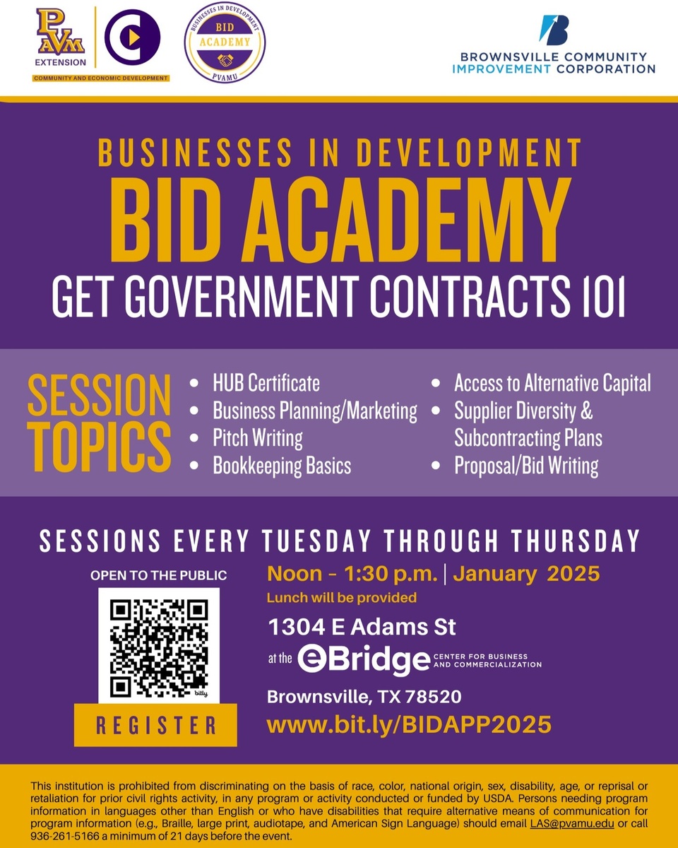 A small business owner once realized the potential of government contracting to transform their company. What started as a local operation grew into a thriving enterprise with contracts from state agencies and large institutions. This success began with learning how to access opportunities through the HUB program and mastering the skills needed to compete.

Are you ready to unlock similar opportunities for your business?

? Register for this free program here: https://bid2025.eventbrite.com (link in bio)

Join us for the Business in Development (BID) Academy 2025: Get Government Contracts 101, a hands-on program that guides you through securing government contracts and scaling your business.

Dates: January 7 – January 22, 2025
Time: Every Tuesday, Wednesday & Thursday, 12:00 PM – 1:30 PM
Location: eBridge Center for Business & Commercialization

What You'll Learn:
• How to get HUB Certified (bring your laptops)
• Create a standout capability statement
• Business planning and marketing tailored for government contracts
• How to find the proper agencies and HUB coordinators
• Deliver a professional pitch presentation
• Bookkeeping basics and exploring alternative capital options
• Supplier diversity and subcontracting plans
• Proposal and bid writing
• The program concludes with a graduation ceremony to celebrate your progress.

This is your chance to gain the knowledge and tools to grow your business through government contracting.

? Register for this free program here: https://bid2025.eventbrite.com (link in bio)
