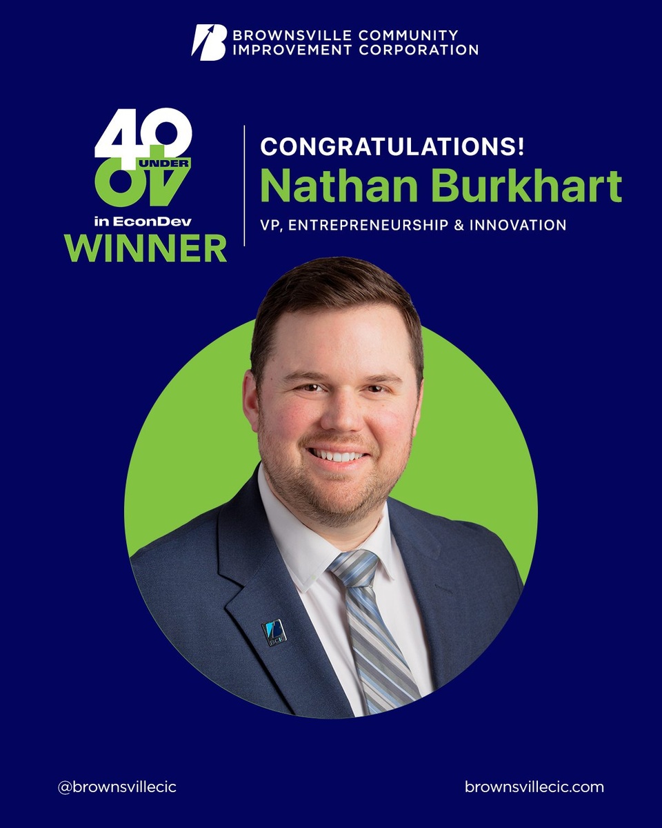 BCIC’s Vice President for Entrepreneurship & Innovation, Nathan Burkhart, has been recognized as a Development Counsellors International 2025 Economic Development 40 Under 40 honoree, a national award highlighting emerging leaders shaping the industry.⁠
⁠
Nathan is the only Texan selected this year and one of 240 recipients in the award’s 15-year history.⁠
⁠
His leadership in StartUp Texas, the eBridge Center, and key initiatives driving Brownsville’s economic growth have positioned our city as a competitive hub for entrepreneurship.⁠
⁠
Read the press release: https://brownsvilleedc.org/nathan-burkhart-wins-40-under-40-in-economic-development-award (link in bio)