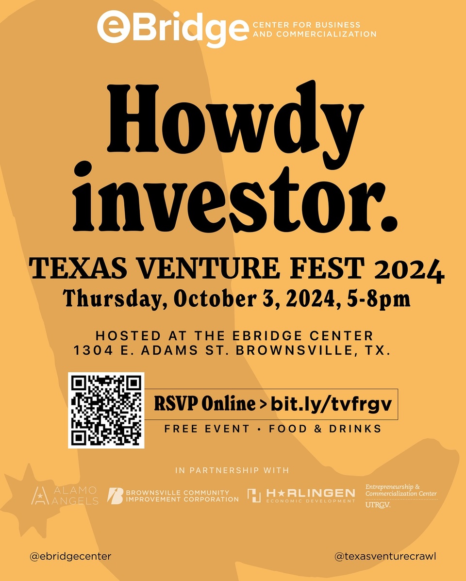 ? Howdy, Investor! The big day is tomorrow!

? Free event. RSVP link in bio.

Take a look at some highlights from last year’s Texas Venture Crawl and get ready for an even bigger experience at this year’s @texasventurefest , happening tomorrow at the @ebridgecenter ! Connect with RGV entrepreneurs, investors, and innovators as we build a stronger local startup ecosystem together.

Join us as part of a statewide celebration, with 10+ cities and over 3,000 participants rallying to support Texas’ entrepreneurial spirit.

Hosted in partnership with @brownsvillecic , @harlingenedc_ , and @utrgv_ecc