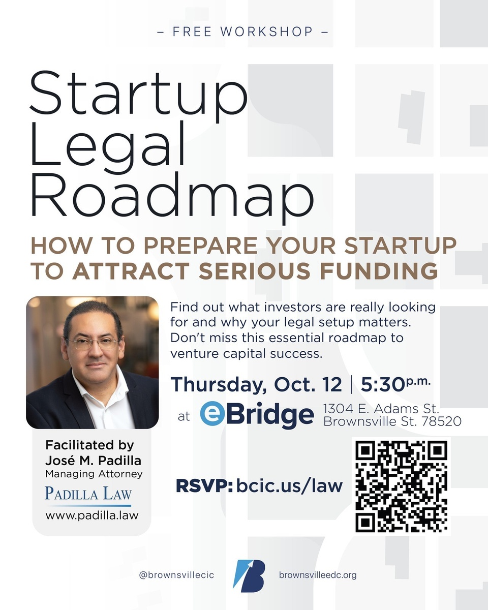 A step-by-step guide to legal preparations necessary for attracting venture capital investment. Event led by Padilla Law's Managing Attorney, José M. Padilla.⁠
⁠
RSVP link in bio.⁠
⁠
FREE WORKSHOP. Join us for Startup Legal Roadmap, a vital session for aspiring entrepreneurs and startups seeking VC funding.⁠
⁠
Learn why details like being a Delaware corporation matter to investors and get a comprehensive list of necessary diligence items. Light snacks and refreshments will be provided.⁠
⁠
? Date: Thursday, Oct. 12⁠
? Time: 5:30 PM⁠
? Location: eBridge Center