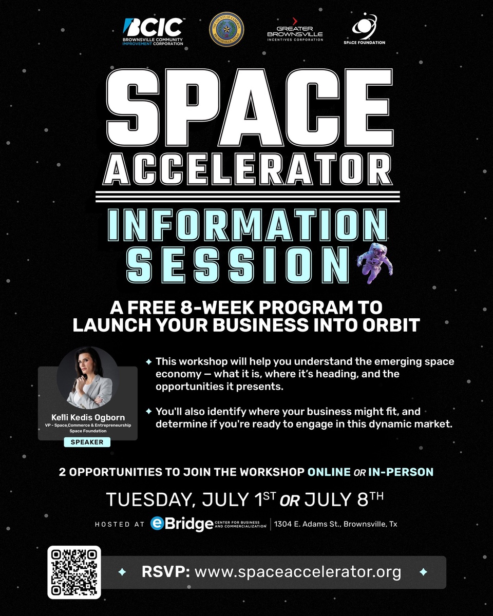 The global space economy is projected to surpass $1 trillion by 2040. 

Could your business have a place in it? ?

Join one of two upcoming sessions with Kelli Kedis Ogborn, VP at the Space Foundation, designed to help you evaluate whether your product, service, or skill set aligns with this rapidly expanding sector.

Industries like aerospace, advanced manufacturing, software, data analytics, AI, telecommunications, and materials science are already shaping the future of space commerce. This is your chance to find out if you're a fit.

? July 1 & July 8
? 6:00 p.m. – 7:00 p.m.
? Online or in-person at eBridge Center (1304 E. Adams St.)
☀️ Free to attend

RSVP now @ www.spaceaccelerator.org (Link in bio!)