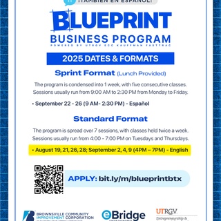 Thinking about launching a business in Brownsville? The Blueprint Business Program, sponsored by BCIC, covers the essentials: planning, marketing, finance, and growth strategies.

Learn practical skills from local experts, sharpen your concept, and position your business. More than 370 Brownsville entrepreneurs, including some of your favorite local businesses, have completed the program.

Sessions start August 19 at the eBridge Center (@ebridgecenter). Spots are limited.

Reserve yours today: bit.ly/m/blueprintbtx (link in bio).