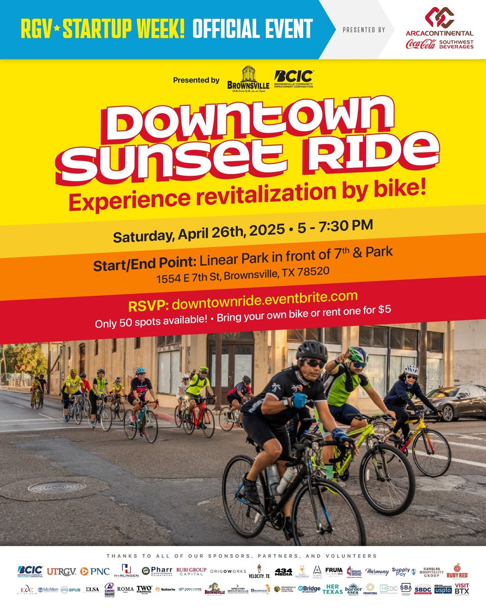? The Downtown Sunset Ride, presented by @brownsvillecic and @btxrgv invites you to explore the heart of our city, where history, revitalization, and innovation intersect.

✅ RSVP: https://downtownride.eventbrite.com (link in bio)

Bring your own bike or rent one for just $5 (limited availability).
Free to attend. Space is limited—register now.

This guided ride highlights ongoing efforts to breathe new life into historic landmarks and commercial corridors while energizing the entrepreneurial spirit of our community. It's a wonderful opportunity to witness the impact of investment in Downtown spaces—and to enjoy a one-of-a-kind ride through the Gladys Porter Zoo.

? Saturday, April 26, 2025
? 5:00 PM – 7:45 PM (Wheels Down at 5:00 PM sharp)
? Starts/ends at Linear Park, in front of 7th & Park

This event is part of RGV Startup Week. Find more events like these: www.rgvstartup.com