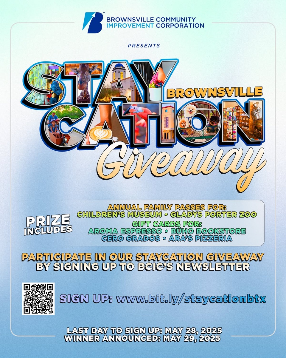☀️ Giveaway alert! ☀️
We’re giving away the ultimate Brownsville Staycation! ?
Family passes to the Children’s Museum and Gladys Porter Zoo + gift cards to Aroma Espresso, Cero Grados, Ara’s Pizzeria, and Búho Bookstore. 

All you have to do? Stay subscribed to our newsletter.

Already on the list? You’re in. Not yet? Sign up here: www.bit.ly/staycationbtx

? Last day to enter: May 28
? Winner announced: May 29