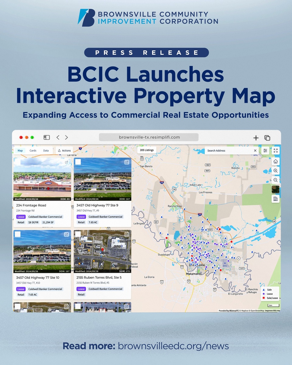 ? How many commercial real estate properties do you think Brownsville has?
A) Less than 100
B) Between 100 and 200
C) Over 200

If you chose C, you're right! But finding all that information in one place hasn't always been easy—until now. BCIC is launching our Interactive Property Map, a powerful tool for accessing Brownsville's latest commercial real estate listings.

This centralized resource empowers businesses, investors, and community members to make informed decisions, helping drive our economic growth.

? Learn how it works and what it can do for you in our latest press release (link in bio!)