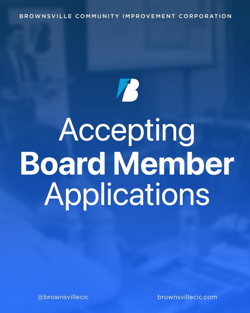 The Brownsville Community Improvement Corporation (BCIC) is accepting applications for its Board of Directors.⁠
⁠
As a BCIC board member, you’ll play a vital role in enhancing Brownsville’s quality of life through economic development, business support, and community initiatives.⁠
⁠
Apply today and take the first step in becoming a part of the leadership driving positive change in our city. Link in bio.⁠
⁠
Applications are kept on file for one year. Join a team dedicated to making Brownsville a thriving and inclusive community for everyone.