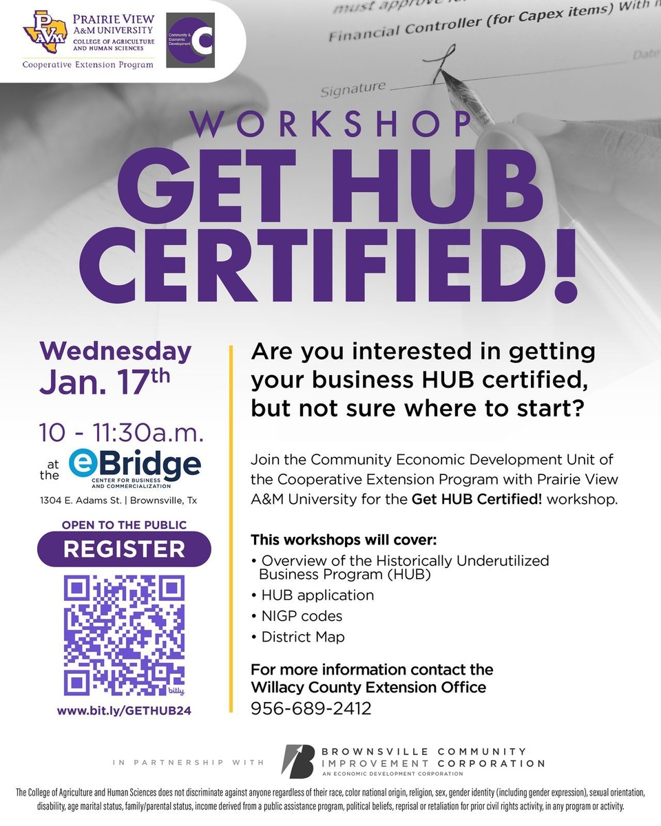Business opportunities are reserved for you, and we will teach you how to be ready to look for them.⁠
⁠
The Historically Underutilized Business (HUB) program is a State of Texas initiative to increase the opportunities available to businesses owned by minorities and women in the area of state procurement and contracting.⁠
⁠
This workshop is free and open to the public and will cover the following topics:⁠
• Overview of the Historically Underutilized Business Program.⁠
• HUB application⁠
• NIGP codes⁠
• District Map⁠
⁠
REGISTER: www.bit.ly/GETHUB24 (Link in bio)⁠
Wednesday Jan. 17 | 10 - 11:30am⁠
⁠
Program presented by Prairie View A&M Cooperative Extension Program in partnership with the Brownsville Community Improvement Corporation (BCIC).
