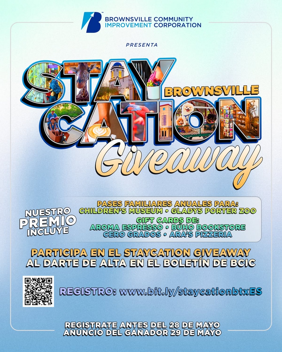 ☀️ ¡Sorteo activo! ☀️
¡Estamos regalando la mejor estadía local en Brownsville! ?
Pases familiares para el Children’s Museum y el Zoológico Gladys Porter + tarjetas de regalo para Aroma Espresso, Cero Grados, Ara’s Pizzería y Librería Búho.

¿Lo único que tienes que hacer? Seguir suscrito a nuestro boletín.

¿Ya estás en la lista? Ya estás participando. ¿Aún no? Regístrate aquí: www.bit.ly/staycationbtxES

? Último día para participar: 28 de mayo
? Anuncio del ganador: 29 de mayo