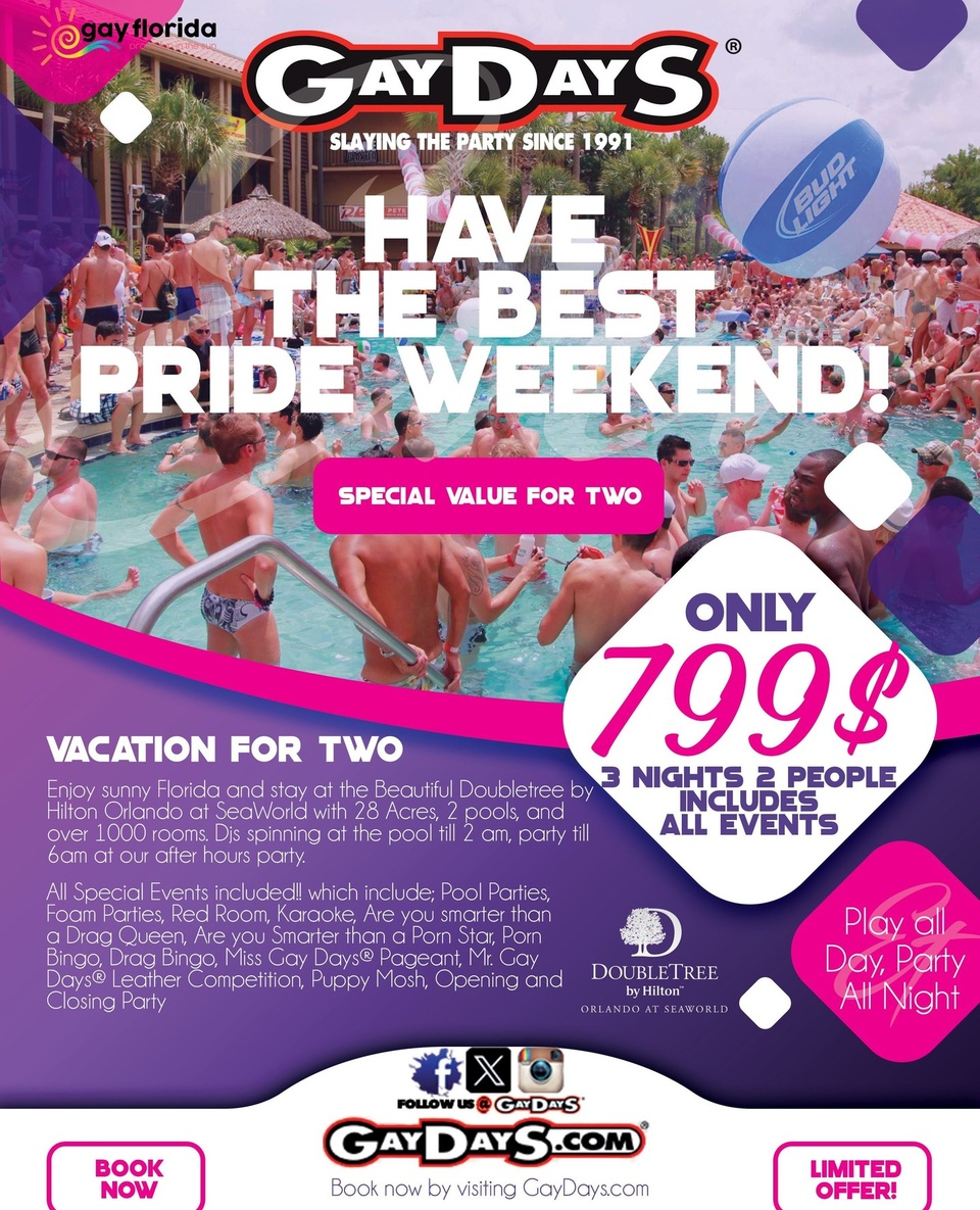 ?️‍? $799. 3 nights. 2 people. Every @gaydays event.⁠
From poolside DJs to foam parties, pageants to after-hours—it’s all included.⁠
Don’t just attend Pride—own it.⁠
? Book now → gaydays.com. Tap link in bio!