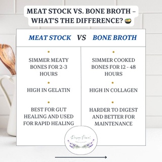 Meat Stock vs. Bone Broth – What’s the Difference? ?
Confused about the difference between meat stock and bone broth? ? While both are nutrient-dense staples in healing diets like GAPS and Weston A. Price, they differ in how they’re made, their nutritional benefits, and how they support gut health.

Cooking Method ?

? Meat Stock:
Simmered for 1.5 to 3 hours with meat on the bone and connective tissue.
Preserves amino acids like glycine and proline, making it easier to digest.
Focuses on nutrients from the meat and bones.

⏳ Bone Broth:
Simmered for 12-24+ hours with bare bones (often roasted for flavor).
Extracts more minerals like calcium, magnesium, and phosphorus, but may be harder on sensitive guts.

Nutritional Benefits ?

? Meat Stock:
Rich in gelatin and collagen for gut repair.
High in easily digestible amino acids, ideal for sensitive digestion.
Provides a protein-rich option with some minerals and fats.

? Bone Broth:
Higher in minerals due to the long cooking time.
Contains collagen peptides, though less gelatinous than meat stock.
Great for overall nourishment once your digestion is stronger.

Gut Healing Benefits ?

? Meat Stock:
Seals the gut lining with its gelatin.
Reduces inflammation and promotes healing.
Perfect for sensitive digestion or those starting their gut-healing journey.

? Bone Broth :
Ideal for long-term health and mineral replenishment.
Better for stronger guts but may trigger bloating in sensitive systems due to higher histamine content.

Which Should You Choose?
1️⃣ Start with Meat Stock: Healing gut issues, recovering from illness, or feeding babies and toddlers? This is your go-to for gentle, gut-nourishing nutrition. 2️⃣ Transition to Bone Broth: Once digestion is stronger, use it for a mineral and collagen boost.

Both when homemade are incredible tools for holistic health and packed with nutrients to support your family’s wellness! 

DROP A ? BELOW IF YOU’RE READY TO TRY MEAT STOCK WITH YOUR BABY?