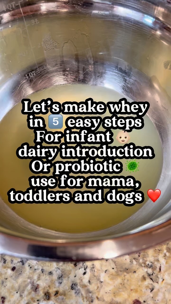 Homemade Whey: The First Step to Introducing Dairy on GAPS (and the Easiest Gut-Healer for the Whole Family) ??✨

If you’re introducing dairy for the first time — especially with a sensitive baby — this is where you start.

Not milk. Not cheese. Not even yogurt. ➡️ You start with a drop of homemade whey. It’s gentle, probiotic-rich, and low in casein & lactose — just what a healing gut needs.

? What is whey? That golden liquid that strains off yogurt or kefir. It’s packed with living probiotics, enzymes, and lactic acid bacteria that help seal the gut, soothe inflammation, and gently strengthen the immune system.

? How to make it (GAPS style):
1. Line a strainer with cheesecloth, nut milk bag, or coffee filter
2. Place over a bowl or mason jar
3. Pour in 2–4 cups full-fat plain yogurt (raw, organic, or grass-fed if possible)
4. Cover + let drain 8–24 hrs (room temp or fridge)
5. Save the yellowish liquid below = Whey! ? What’s left on top? Thick Greek-style yogurt or labneh — bonus snack!

✨ Whey Benefits for the Whole Fam: 
✔️ Babies: First dairy introduction on GAPS, helps eczema & gut repair ✔️ Toddlers: Supports digestion, mineral absorption, & immune balance ✔️ Mamas: Postpartum probiotic support + mineral boost ✔️ Dogs: Helps itchy skin, digestion, & post-antibiotic recovery (they LOVE it)

? Store in a glass jar in the fridge for 3–4 weeks.

Start with 1 drop for littles — and build slowly. This is ancestral nourishment at its gentlest ?

? Comment WHEY and I’ll send you my full guide with recipes, doses, and how we use it for everyone in our home — babies to pups!

#HomemadeWhey #GutHealingFoods #GAPSIntro #BabyGutHealth #ToddlerNutrition #RealFoodForBabies #HolisticMama #FermentedFoods #EczemaSupport #ProbioticFoods #FirstFoodsMatter #NourishingTraditions #WheyForDogs #WheyForKids #GutHealth #StartingSolids #RealFood #MicrobiomeHealth #Postpartum #NaturalParenting #BreastfeedingMom #BabyFood #BLW