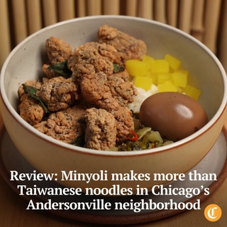 Minyoli was imagined as a traditional Taiwanese noodle shop in Chicago, but has become a creative cultural exploration, where popcorn fried chicken meets street food waffles.

Chef and owner Rich Wang opened his debut restaurant in Andersonville last May. Born in Taipei and raised in a juancun, or military dependents’ village, Wang immigrated to Chicago at age 16 with his family in 2000. He became an attorney, but resigned at age 29 to change his life’s work. Wang attended culinary school at Kendall College, and trained in Lanzhou, the city in China famous for its hand-pulled noodle schools. He worked at Boka and Fat Rice in Chicago, and spent three years in Macao at the Michelin two-starred Wing Lei Palace under chef Tam Kwok Fung.

It’s no wonder that Minyoli is more than a noodle shop, with Wang more than a first-time chef.

Tap on our bio link to read more.

——

Photo 1: The Taiwanese fried chicken bowl is on the lunch and dinner menu at Minyoli (@minyoli.chicago).

Photo 2: The Niuroumian beef noodle soup with half beef and half tendon is on the lunch and dinner men.

Photo 3: General manger X Wang, left, and chef/owner Rich Wang, who are cousins, stand at the entrance to Minyoli.

Photo 4: The ShaoBing sandwich with youtiao, a fried dough stick, center, with savory soy milk, left, and chili oil.

Photo 5: Pineapple tart á la mode with black sesame ice cream is on the dessert menu.

? Louisa Kung Liu Chu / Chicago Tribune
? John J. Kim / Chicago Tribune / @johnkimpictures