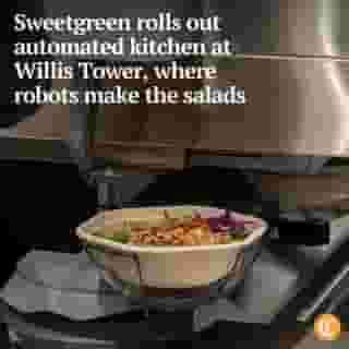 Diners at Sweetgreen in Willis Tower, get ready to meet the chef of the future: a robot that makes your salad to order.

The California-based chain is launching its automated Infinite Kitchen system this week at the busy Loop restaurant, putting an assembly line of robotic chefs to work preparing bowls of everything from Kale Caesar to Hummus Crunch.

Tap on our bio link to read more.

——

Photo 1: Salads come off the new Infinite Kitchen robotic system at Sweetgreen during a test run on Dec. 15, 2024, at Willis Tower.

Photo 2: Final ingredients are added to salads after they come off the new Infinite Kitchen robotic system line.

? Robert Channick / Chicago Tribune
? Brian Cassella / Chicago Tribune / @briancassella