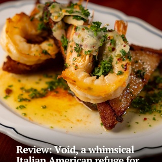 While the Italian American restaurant Void does whimsy well, most evident with its Spaghetti Uh-O’s and No-Lört, it’s become one of the best restaurants in Chicago right now.⁠
⁠
It’s the first business by a trio of industry veterans who’ve seen their acclaimed workplaces rise and fall: chef and owner Tyler A. Hudec; co-chef and co-owner Dani Kaplan; and general manager, managing partner and owner Pat Ray.⁠
⁠
When you go to Void — across the street from Loaf Lounge, just up from the curious free bookstore on the corner — you’ll find a storefront transformed from a nondescript neighborhood bar to a creative refuge for the weird and wonderful.⁠
⁠
Spaghetti Uh-O’s emerged early as the signature dish since opening in Avondale last August.⁠
⁠
Tap on our bio link to read more.⁠
⁠
-----⁠
⁠
Photo 1: The shrimp scampi toast with head-on prawns, white bread, garlic, lemon and parsley at Void (@void_chicago) in Avondale.⁠
⁠
Photo 2: The Spaghetti Uh-O’s with anelli siciliani, meatballs and vodka sauce is served from a can.⁠
⁠
Photo 3: The Chaotic Good nonalcoholic drink with No-Lort, cold brew espresso, grapefruit and Demerara.⁠
⁠
Photo 4: The eggplant parm with mozzarella and red sauce .⁠
⁠
Photo 5: The cannoli cake.⁠
⁠
? Louisa Kung Liu Chu / Chicago Tribune⁠
?️ Brian Cassella / Chicago Tribune / @briancassella