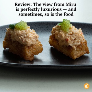 Much has been made about the view at Miru. Perched on the 11th floor of the St. Regis hotel, a pair of expansive terraces overlook the confluence of the river below and the lake beyond.

By day, the Tokyo breakfast will further center your focus. It’s simply stunning, and possibly Tribune critic @louisachu1’s favorite plate of the year so far. It’s more of a platter, really, with a collection of small vessels, holding a perfectly charred piece of king salmon here, an onsen egg with salmon roe there, and a bowl of deeply infused ginger rice I coveted above all.

The king crab crispy rice at Miru is a trio of chunky bites featuring the sweet crustacean, gochujang aioli and wasabi tobiko.

And the black sesame mochi dessert features dramatic yet delicate black sesame praline and charcoal vanilla ice cream.

Tap on our bio link to read the full review.

? Louisa Chu / Chicago Tribune / @louisachu1 
? E. Jason Wambsgans / Chicago Tribune / @ejwamb