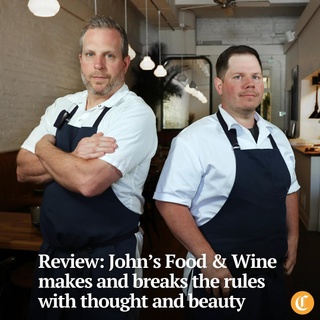 John’s Food & Wine has somehow become the revolutionary home to a seemingly new service style, known for how much they pay their employees, deservedly so, but it’s time we talk much more about their beautiful food.

Chefs and co-owners Adam McFarland and Tom Rogers opened their debut restaurant in the Lincoln Park neighborhood of Chicago last fall. It’s named after their fathers. But with all due respect to the dads, their shared name offers no clue to the extraordinary work their sons are doing.

Tap on our bio link to read more.

——

Photo 1: Chef/owners Adam McFarland, left, and Tom Rogers at their restaurant, John’s Food and Wine (@johnsfoodandwine).

Photo 2: The summer tomato salad made with whole peeled Sungolds and blackberries in ice-cold yuzu buttermilk.

Photo 3: The 16-ounce bone-in, cowgirl cut ribeye steak topped with charred garlic scapes.

? Louisa Kung Liu Chu / Chicago Tribune
? Terrence Antonio James / Chicago Tribune