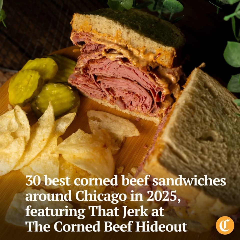 India Jenkins makes a signature sandwich at The Corned Beef Hideout packed with meat, heat and history. The chef, owner and solo operator of the sandwich shop calls her creation That Jerk. The hot spice mix infuses not only the meat, but a house-made jerk sauce too.

Louisa Kung Liu Chu’s memory still burns from that first taste, despite dozens of sandwiches over the years on the corned beef beat. Its intensity will surprise you, given the dramatic draping of layers made with the care of a couturier. Bold yet elegant, it is a statement piece in sandwich form.

When you go in search of that sandwich, prepare for a bit of a quest, which will take you about 35 miles southwest of Chicago to the village of Romeoville, through the winding roads of a residential complex, to a community center, and finally a stand hidden within, where you’ll find the shop.

Tap on our bio link for 29 more of the best corned beef sandwiches around Chicago.

——

Photo 1: That Jerk, a sliced jerk-infused corned beef sandwich on rye bread, at The Corned Beef Hideout (@thecornedbeefhideout) in Romeoville on March 7, 2025.

Photo 2: The Classic One corned beef on rye sandwich with mustard.

Photo 3: Two Faced Reuben, a corned beef and pastrami sandwich on rye bread.

? Louisa Kung Liu Chu / Chicago Tribune
? Audrey Richardson / Chicago Tribune