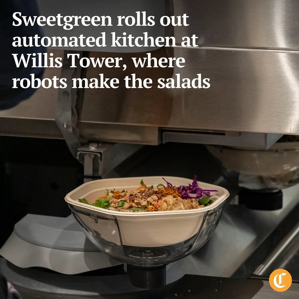Diners at Sweetgreen in Willis Tower, get ready to meet the chef of the future: a robot that makes your salad to order.

The California-based chain is launching its automated Infinite Kitchen system this week at the busy Loop restaurant, putting an assembly line of robotic chefs to work preparing bowls of everything from Kale Caesar to Hummus Crunch.

Tap on our bio link to read more.

——

Photo 1: Salads come off the new Infinite Kitchen robotic system at Sweetgreen during a test run on Dec. 15, 2024, at Willis Tower.

Photo 2: Final ingredients are added to salads after they come off the new Infinite Kitchen robotic system line.

? Robert Channick / Chicago Tribune
? Brian Cassella / Chicago Tribune / @briancassella