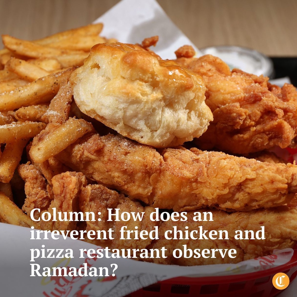 In a strip mall in Bridgeview, the suburb southwest of Chicago known as Little Palestine, a fried chicken and pizza place opened up about two years ago.⁠
⁠
Holy Buckets Halal Chicken & Pizza stands out as an unlikely Arab American cultural ambassador by serving up knowledge with disarming humor, as often as it does the fried chicken tenders they call Gaza Strips, boxed up with the logo of a chicken wearing a kaffiyeh, the black-and-white scarf that symbolizes Palestinian solidarity.⁠
⁠
Yet despite the puns and the whimsical tagline — “chicken and pizza you’ve been praying for” — Holy Buckets takes Islamic dietary laws seriously.⁠
⁠
“We are focused on what we call, in the Islamic world, zabiha halal fast food,” said Luaey Issa. He’s the co-owner and co-founder of @holybucketschicken with professional partner Taleb Awad. The staff had so many skeptics coming in to ask if they’re actually certified zabiha halal that they posted about it on Instagram and TikTok, with what has become their signature sense of humor.⁠
⁠
Want to know more about Holy Buckets and their zabiha halal fast food? Click the link in our bio. ⁠
⁠
? Louisa Chu / Chicago Tribune⁠
? Terrence Antonio James / Chicago Tribune⁠
⁠