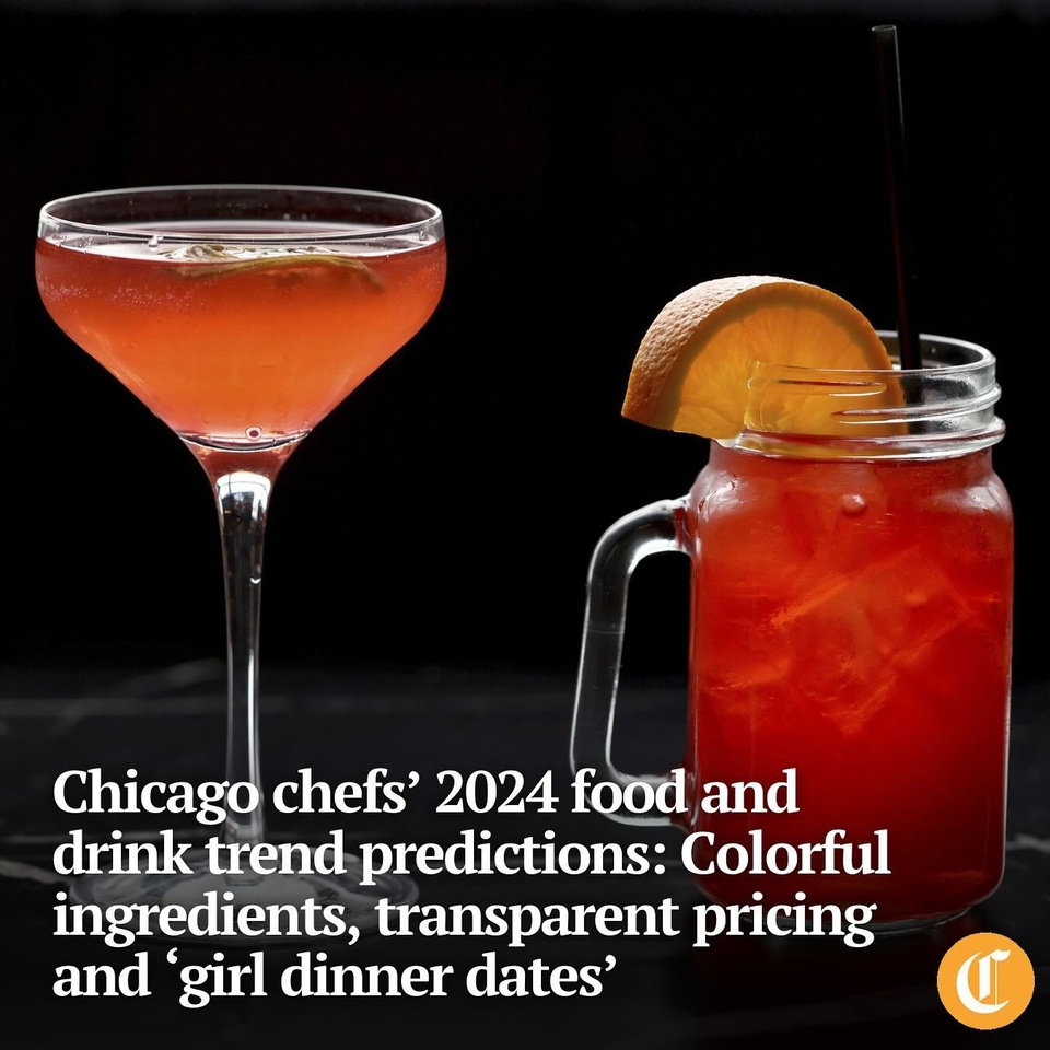Trends come and go, and that extends to our stomachs. We sampled pickles in a blanket and sipped on purple milkshakes in 2023, and Chicagoans found new restaurants they loved, or frequented old haunts.

While it's impossible to know for sure what funky flavors or dining experiences will pop up in the new year, the Tribune asked chefs and restaurant owners in Chicago, many of whom are considered the best and most innovative in the business, about how they expect the city's food scene to evolve in 2024.

From a focus on transparent pricing and social equity to an emphasis on fun, photogenic ingredients, here are some of their top predictions. And maybe, just maybe, "girl dinner" is here to stay.

Tap on our bio link to read more.

—

Photo 1: Soulé Punch, left, and the non-alcoholic Soulé Punch, right, at Soulé (@soulechicago) in Chicago’s North Lawndale neighborhood on Feb. 14, 2023.

Photo 2: Co-owner Cecilia Cuff is seen at Bronzeville Winery (@bronzevillewinery) on Cottage Grove Avenue in Chicago on July 13, 2022.

Photo 3: Won Kim, chef at the Chicago restaurant Kimski (@kimskichicago), in 2022.

Photo 4: Server Be'Anna Clark delivers wine flights to diners at Bronzeville Winery in Chicago on May 17, 2023.

? Rebecca Johnson / Chicago Tribune
? Chris Sweda, Terrence Antonio James and John J. Kim / Chicago Tribune / @johnkimpictures
