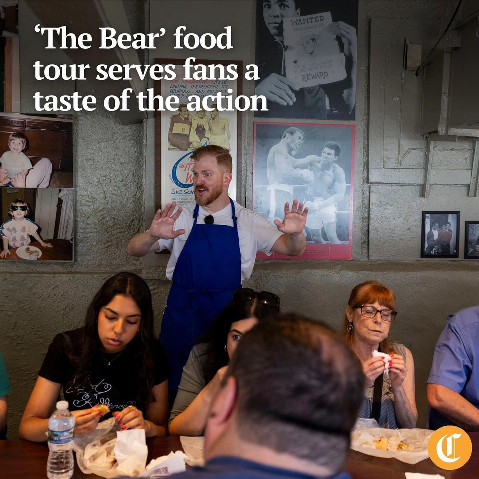 A traditional Chicago sandwich shop may seem like an unconventional excursion. But since “The Bear” debuted, tourists have flocked in droves to Mr. Beef, which opened in River North in 1963. Ahead of Season 3’s release Wednesday, its cult following is surging with renewed enthusiasm.

Chicago Food & City Tours (@chicagofoodtours) began the themed excursions in November after months of requests from guests. The tour is modeled after Season 2, Episode 3, when sous chef Sydney treks across the city to try different restaurants — not unlike a food tour, said Hannah Gleeson, the company’s director of operations.

“It just became really evident that there was a demand, and people wanted it,” Gleeson said. “Our team had been longtime fans of ‘The Bear.’ So, why not try to give people that same experience?”

Tap on our bio link to read more.

——

Photo 1: Casey Ross talks to tour guests at the Mr. Beef restaurant during a “The Bear” themed food tour in Chicago.

Photo 2: Jim Walsh, center under sign, is photographed by his friend, Diane Thomas, during a “The Bear” themed food tour.

Photo 3: Casey Ross speaks to tour guests.

Photo 4: Joan Lanman, eats ice cream at Margie’s Candies, during a “The Bear” themed food tour.

Photo 5: Casey Ross holds up bags of doughnuts from Roeser’s Bakery to give to tour guests.

? Kate Armanini / Chicago Tribune
?️ Vincent Alban / Chicago Tribune