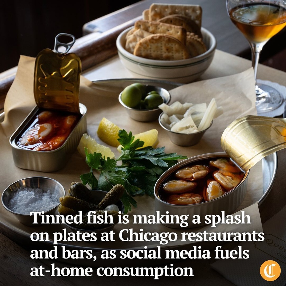 Chicagoans have fallen in love with imported and, more recently, domestic cans of seafood.

Whether it’s tuna belly in olive oil, clams in brine, curry-infused mackerel or a number of other offerings, quality tinned seafood can now be found at local supermarkets, specialty shops, and on restaurant and bar menus.

Tap on our bio link to read more.

——

Photo 1: Tinned seafood offerings at Queen Mary Tavern (@queenmarytavern) in the Ukrainian Village neighborhood, Aug. 14, 2024.

Photo 2: Queen Mary Tavern general manager Dan Smith plates an arrangement of tinned seafood.

Photo 3: Tinned seafood offerings at Queen Mary Tavern.

? Lisa Shames / for the Chicago Tribune
? E. Jason Wambsgans / Chicago Tribune / @ejwamb