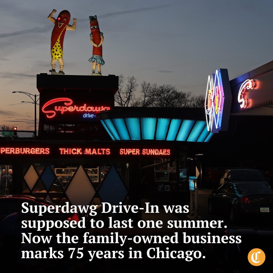 Seventy-five years ago, Flaurie and Maurie Berman decided to open a food stand that would fast become an historic destination hot dog stand with full carhop service in the Norwood Park neighborhood of Chicago, better known as the Superdawg Drive-In (@superdawgdrivein).⁠
⁠
It was only supposed to last one summer, said their daughter Lisa Drucker. She now owns the business with husband Don Drucker and her oldest brother Scott Berman.⁠
⁠
“A lot of the GIs at the time were coming back and opening hot dog carts or little stands,” said their son-in-law. “Maurie said, ‘What can we do for the summer while I study for the CPA exam, and Flo was a schoolteacher?’”⁠
⁠
Before there was Superdawg, it was just the story of one young couple. “They were high school sweethearts,” said their daughter. “North Siders who went to Von Steuben.”⁠
⁠
Tap the link in our bio for the story of Flaurie and Maurie Berman and how Superdawg became a beloved Chicago institution.⁠
⁠
? Louisa Chu / Chicago Tribune / @louisachu1⁠
? John J. Kim / Chicago Tribune / @johnkimpictures