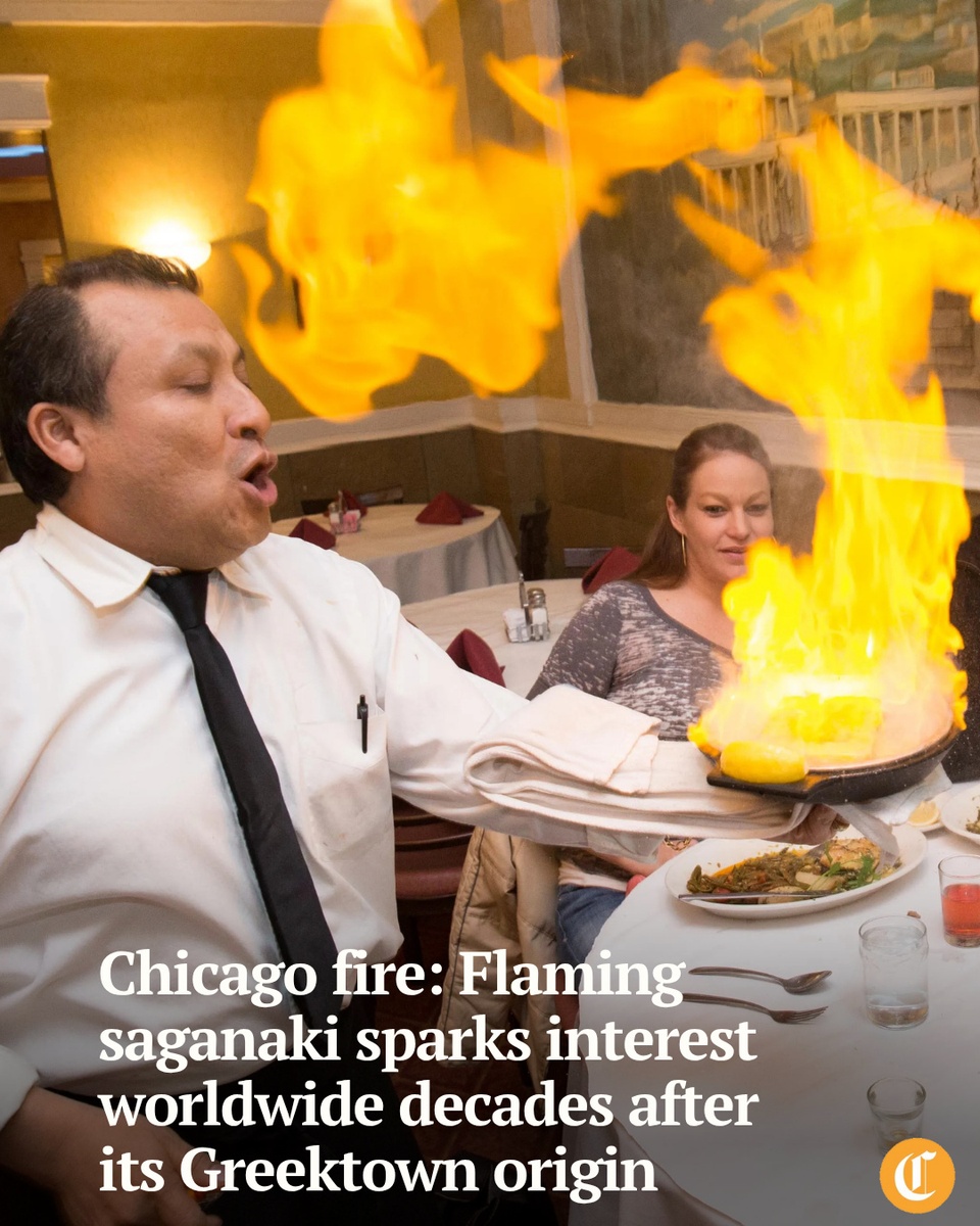 Last winter, at Chicago’s Greek Islands (200 S. Halsted St.), our Greektown dinner started with a bang — more accurately, a whoosh. A server carried a small black pan of blazing cheese to the table as startled diners burst into applause for what is the Windy City’s notoriously combustible appetizer: flaming saganaki.⁠
⁠
In Chicago, the dish is a ritual. It’s dramatic, it’s delicious, and — let’s be honest — it’s also a little absurd in the best possible way.⁠
⁠
The word saganaki comes from sagani, a small, two-handled Greek pan. In Greece, the dish is straightforward: firm, dry cheeses such as kasseri, feta or halloumi are pan-fried until golden. No fire. No flair. Just cheese doing what cheese does best, served with crusty bread.⁠
⁠
In Chicago, we lightly coat the square or triangular cut of cheese in flour and fry it in a little olive oil until crisp and golden. Then we flip it once, warm it through, splash it with brandy (usually ouzo or Metaxa), light it up, and before setting it on the table, flamboyantly extinguish the flames with a lemon squeeze and a hearty shout of “Opa!” That word — part cheer, part celebration, part call to “let’s dance!” — adds the perfect exclamation point.⁠
⁠
So, where did this fiery tradition begin? Depends on whom you ask.⁠
⁠
Tap on our bio link to read more.⁠
⁠
-----⁠
⁠
Photo 1: Salvador Martínez shows off the flaming cheese saganaki dish at the Parthenon restaurant in Greektown on Feb. 11, 2014.⁠
⁠
Photo 2: Eleftheria Sioulas, senior sous chef at Avli on The Park, demonstrates how the restaurant uses fresh lemon juice on flambéed saganaki on June 6, 2025.⁠
⁠
? David Hammond / for the Chicago Tribune⁠
?️ Alex Garcia and Terrence Antonio James / Chicago Tribune