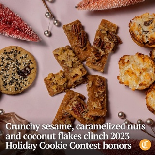 Drum roll please, the 2023 Holiday Cookie Contest winners have been announced.

After almost four decades, Tribune Holiday Cookie Contest bakers continue to submit delicious, yet sometimes surprisingly simple recipes that readers turn to year after year.

The winners of this year’s 37th annual contest are no different, and they stunned our guest judges Martin Sorge (@martinsorge), Nirali Chauhan (@niralibchauhan) and Sarah Chang (@onweekendswebake).

Tap the link in our bio to find recipes for Graham Cracker Praline, the first-place winner from Kathy Evertsberg of Winnetka; Chewy Sesame Chocolate Chunk Cookies from second-place winner and Chicagoan Clarissa Frayn (@piesforthepeople); and our third-place winner, Coconut Tassies from Mary Kim of Chicago.

We hope you can enjoy these recipes from the first snowfall to spring’s first blooms. Happy holidays and happy baking, Chicago.

————
Photo 1: Chewy Sesame Chocolate Chunk Cookies, from left, Graham Cracker Pralines and Coconut Tassie.

Photo 2: The Graham Cracker Praline by Kathy Evertsberg.

Photo 3: The Chewy Sesame Chocolate Chunk Cookie by Clarissa Frayn.

Photo 4: Coconut Tassies by Mary Kim.

Photo 5: Tribune cookie contest judges Nirali Chauhan, Martin Sorge and Sarah Chang.

? Lauryn Azu, Louisa Kung Liu Chu and Shanzeh Ahmad / Chicago Tribune
? Brian Cassella / Chicago Tribune / @briancassella