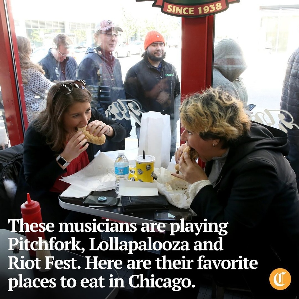 Musicians from around the world are heading to Chicago this summer to perform at the city’s biggest music festivals, and beyond spotting them on stage at Pitchfork, Lollapalooza and Riot Fest, you might also see them at their favorite restaurants around town. 

Chicago natives have childhood memories to relive as they head to taco joints and hot dog stands, while touring acts have standbys for burgers and vegetarian fare. From folk singers getting Italian beef with extra giardiniera to DJs seeking sushi, this is where performers are heading to get a taste of the Windy City.

Tap on our bio link to read more.

——

Photo 1: Lesley Pepperman, left, and Mary Franco take a bite from their Italian beef sandwiches as dozens of people line up outside Al’s Italian Beef (@alsbeef), on Oct. 18, 2018.

Photo 2: Festive paper ornaments hang from the ceiling in the dining area at L’ Patron (@lpatron16) on April 13, 2017, in Chicago.

Photo 3: Kuma’s Corner (@originalkumascorner), at 2900 W. Belmont Ave., in Chicago, in 2014.

Photo 4: Stuffed cabbage at Podhalanka in Chicago in 2011.

? Samantha Nelson / for the Chicago Tribune
? Antonio Perez, John J. Kim, Chris Sweda and Alex Garcia / Chicago Tribune