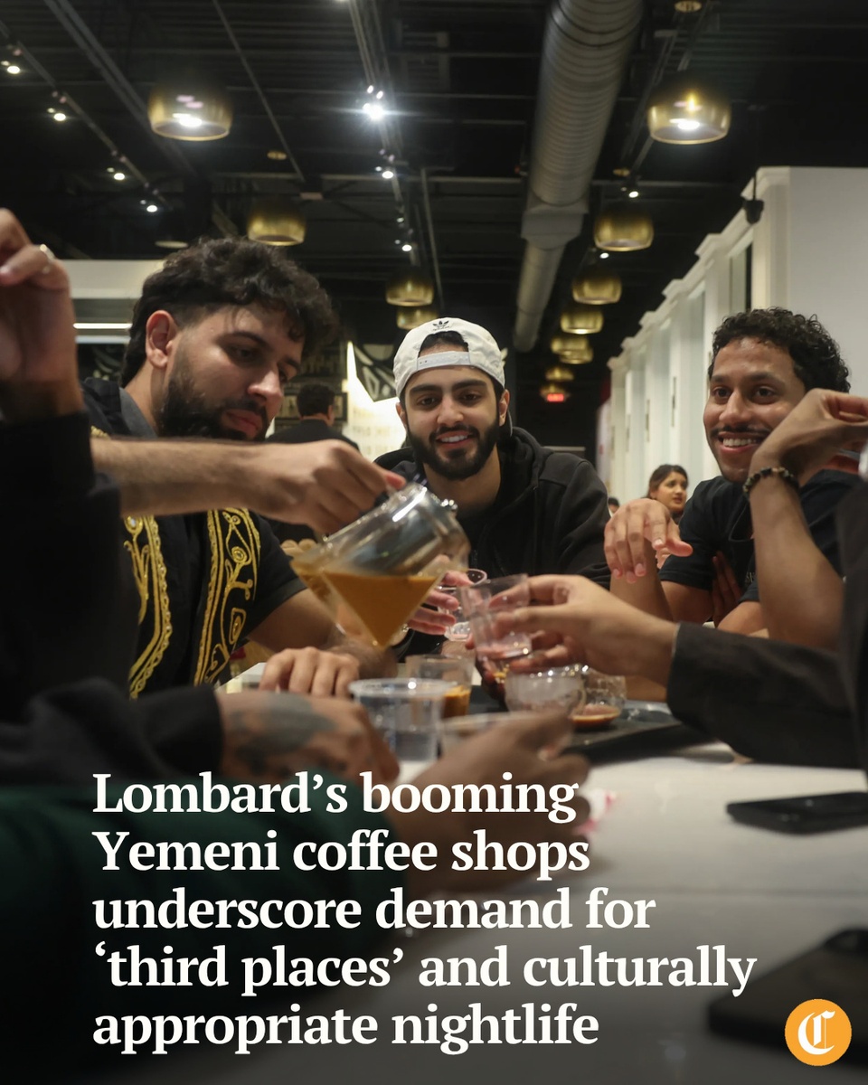 At the recent soft launch opening of Shibam Coffee in suburban Glendale Heights, customers swarmed in, lined the red-roped entrance area and stared in wonder at the lavishly decorated interior, with marble floors and Arabic calligraphy on the walls. A few patrons started snapping photos even before getting to the main door. A teenager asked an employee setting up chairs if the Yemeni coffee shop was hiring.⁠
⁠
What used to be a Chase Bank next to a Taco Bell in a busy plaza on North Avenue was now an immaculately designed cafe serving cardamom coffee and pistachio lattes to customers eager to become regulars.⁠
⁠
“People kept asking (on social media) when we were opening and it took a long time — but we wanted it to be perfect,” said Moiz Baig, co-owner of the newly opened Shibam Coffee, the Dearborn, Michigan-based Yemeni coffee chain’s first-ever Illinois location. “The (Yemeni) coffee business is booming right now — no matter how many there are, people are still excited.”⁠
⁠
The recent boom in Yemeni coffee shops in the Chicago area, specifically in Lombard and other suburbs with a growing population of modern Muslim communities, underscores the rising demand for a place to socialize that isn’t tied to alcohol, but with a buzzy nightlife ambience.⁠
⁠
Tap on our bio link to read more.⁠
⁠
-----⁠
⁠
Photo 1:⁠ Asher Asif, center, gathers with friends over tea at Matari Coffee on April 18, 2025, in Lombard. ⁠
⁠
Photo 2: An employee pours the Adeni chai on July 7, 2025, at Shibam Coffee in Glendale Heights. ⁠
⁠
Photo 3:⁠ Manager Naveed Mirza, bottom left, greets a customer at Qahwah House on April 18, 2025, in Lombard. ⁠
⁠
Photo 4: People hang out among friends and family in the early morning hours at Cafe Bethak in Lombard on March 16, 2025. ⁠
⁠
Photo 5: Groups of families and friends gather for desserts at Cocomelt on April 18, 2025, in Lombard. ⁠
⁠
? Zareen Syed / Chicago Tribune⁠
?️ John J. Kim and Brian Cassella / Chicago Tribune / @johnkimpictures⁠ and @briancassella⁠
