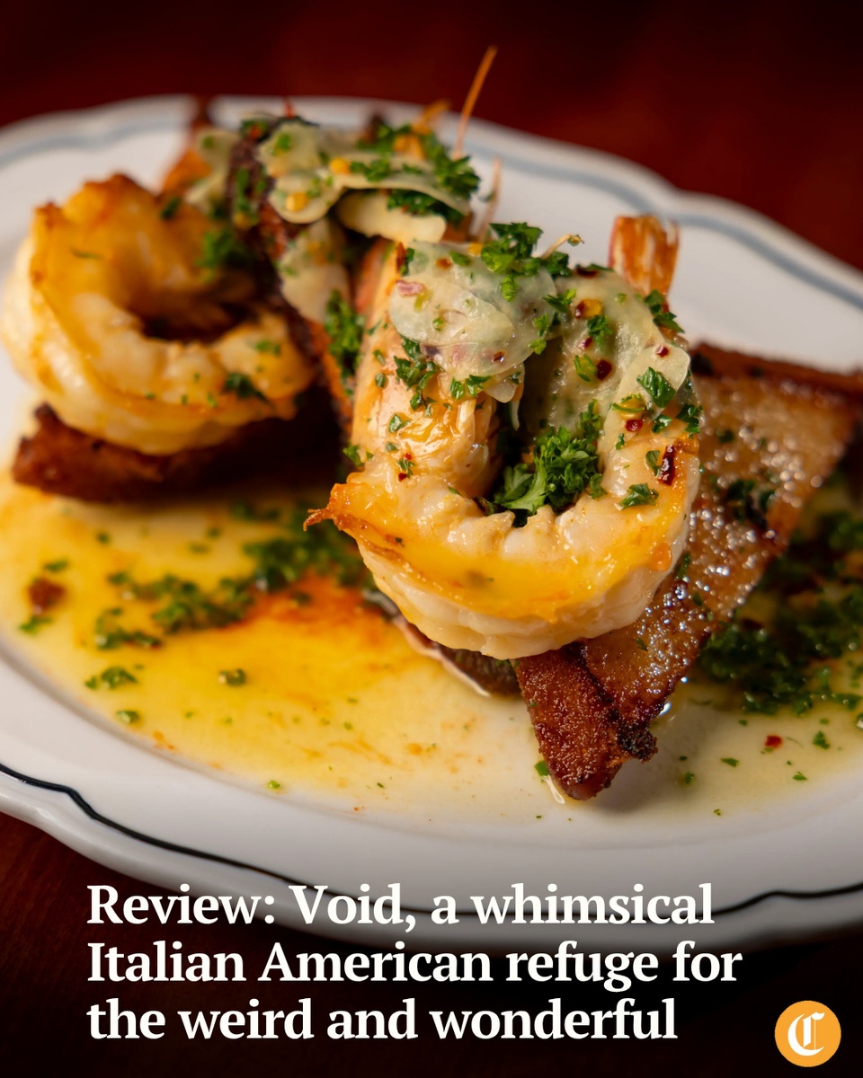 While the Italian American restaurant Void does whimsy well, most evident with its Spaghetti Uh-O’s and No-Lört, it’s become one of the best restaurants in Chicago right now.⁠
⁠
It’s the first business by a trio of industry veterans who’ve seen their acclaimed workplaces rise and fall: chef and owner Tyler A. Hudec; co-chef and co-owner Dani Kaplan; and general manager, managing partner and owner Pat Ray.⁠
⁠
When you go to Void — across the street from Loaf Lounge, just up from the curious free bookstore on the corner — you’ll find a storefront transformed from a nondescript neighborhood bar to a creative refuge for the weird and wonderful.⁠
⁠
Spaghetti Uh-O’s emerged early as the signature dish since opening in Avondale last August.⁠
⁠
Tap on our bio link to read more.⁠
⁠
-----⁠
⁠
Photo 1: The shrimp scampi toast with head-on prawns, white bread, garlic, lemon and parsley at Void (@void_chicago) in Avondale.⁠
⁠
Photo 2: The Spaghetti Uh-O’s with anelli siciliani, meatballs and vodka sauce is served from a can.⁠
⁠
Photo 3: The Chaotic Good nonalcoholic drink with No-Lort, cold brew espresso, grapefruit and Demerara.⁠
⁠
Photo 4: The eggplant parm with mozzarella and red sauce .⁠
⁠
Photo 5: The cannoli cake.⁠
⁠
? Louisa Kung Liu Chu / Chicago Tribune⁠
?️ Brian Cassella / Chicago Tribune / @briancassella