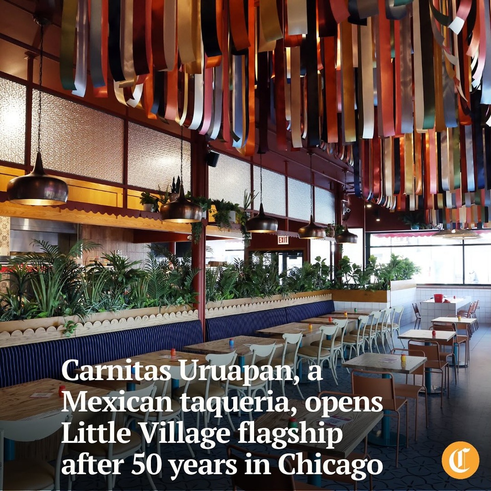 A Mexican restaurant founded 50 years ago specializing in “little meats” finally has a big new flagship.

Carnitas Uruapan opened its largest location in the Little Village neighborhood of Chicago on Jan. 27.

“We are a very traditional carnitas-focused taqueria,” said second-generation owner Marcos Carbajal, a James Beard Awards semifinalist for Outstanding Restaurateur this year. “My dad started our original restaurant in 1975.”

Tap on our bio link to read more.

——

Photo 1: The main dining room at the restaurant Las Carnitas Uruapan on Feb. 18, 2025.

Photo 2: The Carnitas Especial meal.

Photo 3: Inocencio Carbajal, left, founder of Las Carnitas Uruapan, and his son Marcos Carbajal, who runs the business now, at their new flagship location in Little Village neighborhood on Feb. 18, 2025.

Photo 4: The Las Carnitas Uruapan at 3801 W. 26th St. on Feb. 18, 2025. The owners replaced the existing vertical sign to pay tribute to “La Villita,” the Little Village neighborhood.

? Louisa Kung Liu Chu / Chicago Tribune
? Terrence Antonio James / Chicago Tribune