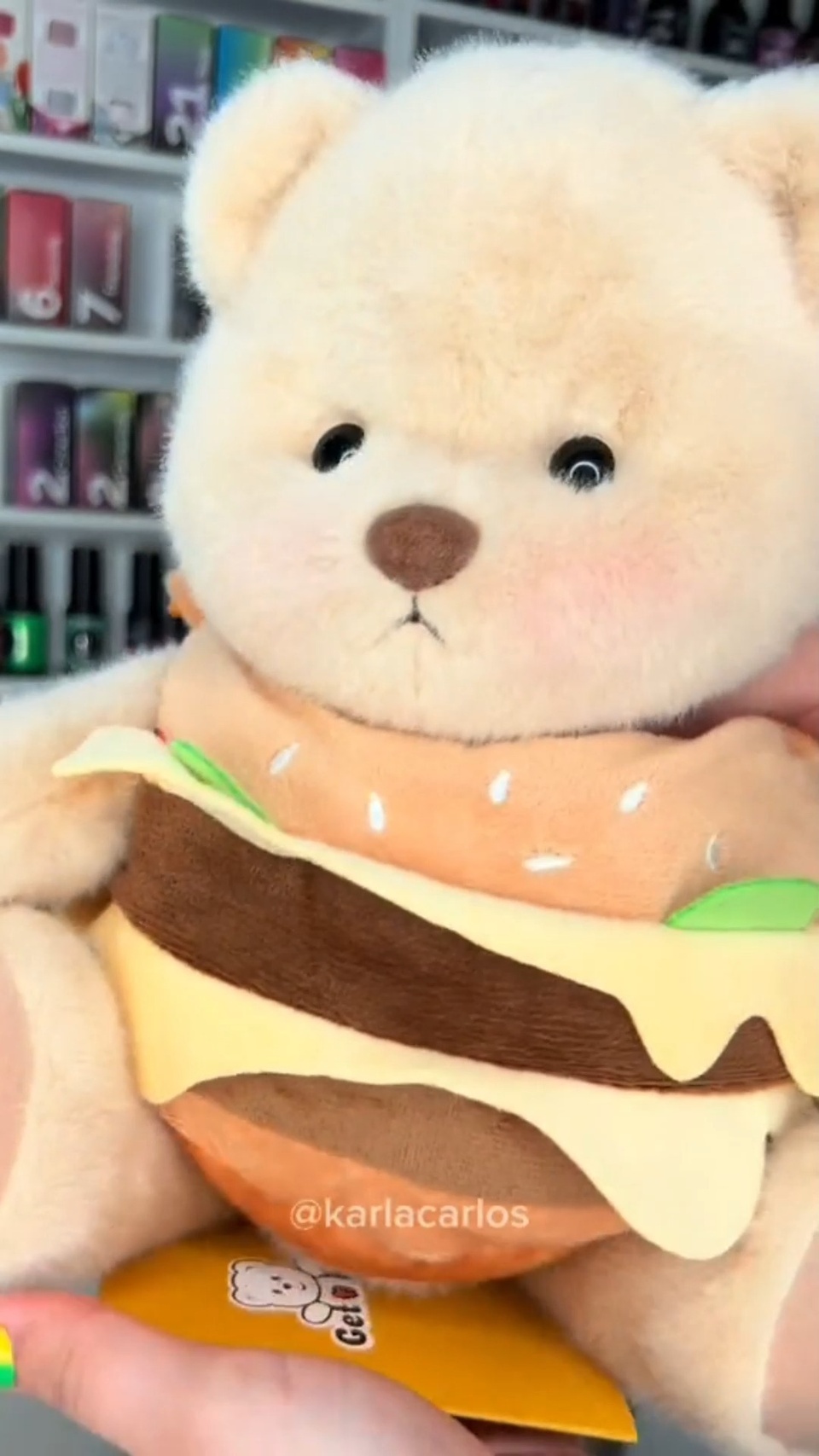 Get the same manicure with your hamburger bear!??? #getahugco #bears #plushies #toy #handmade #nails #hamburger #hamburgeroutfit #hamburgerbear