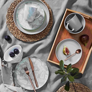 What does your dinnerware say about your style? The Soren Oasis and Aurora Stone sets from @harrisscarfe evokes classic with a coastal twist. Pair with copper-toned cutlery for added elegance, and a warm contrast with the cool grey colour palette. It will make every meal a little more beautiful and chic. ⁠
⁠
For more top home decoration and styling tips click the link in our bio.⁠
⁠
#HarrisScarfe #homedecoration⁠
