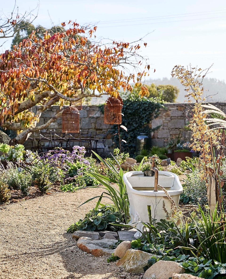 Quirky, wild and beautiful, this country garden belongs to a sandstone Georgian mansion in Richmond, Tasmania.⁠
⁠
Owned by Kylie Opray and her husband Dr Mark Spearpoint, the home has been lovingly restored since they purchased it with the help of a local builder experienced in working on heritage homes. "It's just heaven," says Kylie. ⁠
⁠
Take a tour via the link in bio.⁠
⁠
Photography: @nicgossage⁠
Styling: @_michellecrawford⁠
⁠
#outdoorbath #wildgarden #countrygarden #gardenwall