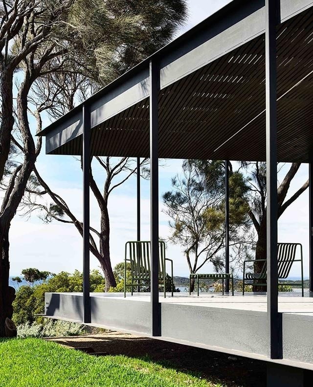 "I wanted something that was light, and that was nestled in the environment, and so the brief to the architect was to build something that didn't impact too much on the land," says Lizzie, the owner of this modern #coastalhome on Victoria’s #MorningtonPeninsula.⁠
⁠
The result is a deceptively simple form — virtually a glass, timber and steel #pavilion that seems to float above the ground.⁠
⁠
Tap the link in our bio to take a tour. ⁠
⁠
Photography: @derek_swalwell⁠
⁠
#australianhomes #australianarchitecture #bushhome #verandah