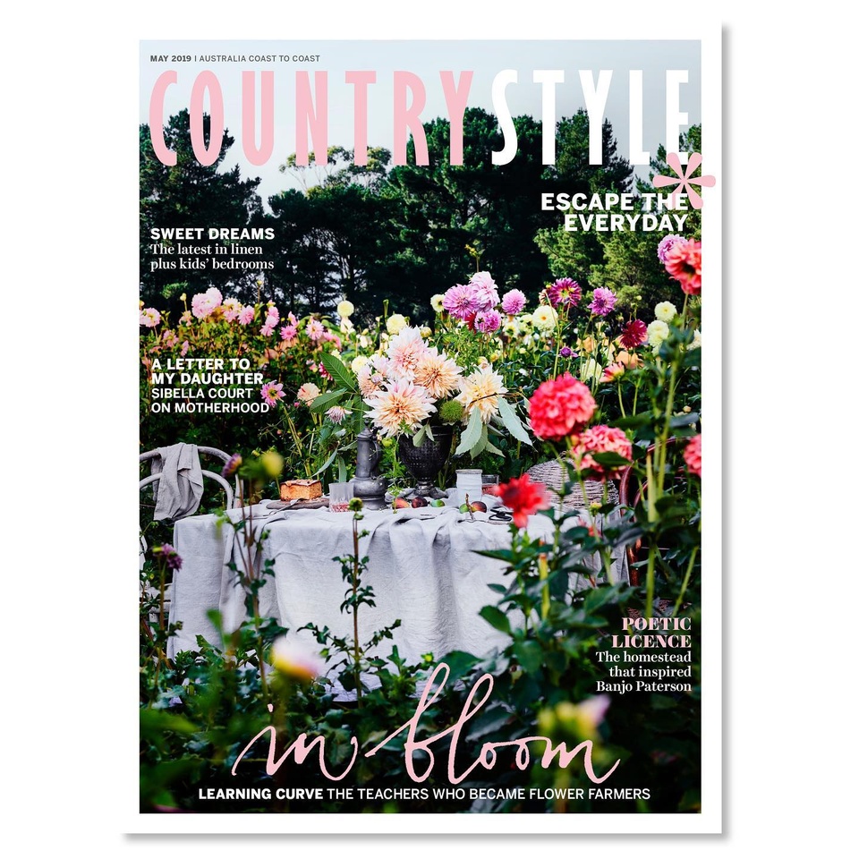 Our May issue is ON SALE TOMORROW! Meet the teachers who became flower farmers and allowed us to shoot this beautiful cover in a field of dahlias on their property at Lyonville, Victoria. Along with dahlias, Janae and Chris Paquin-Bowden of @fleurs_de_lyonville grow sweet peas, hydrangeas and ranunculus, as well as native flowers such as Billy buttons, waratahs and kangaroo paws, all of which are bee friendly and chemical free. In Binalong, NSW, we meet a young family adding their own chapter to the tale of Mylora, an historic sheep property that was immortalised in a poem by Banjo Paterson. There’s also the stories of @littleredbarndoonan, a family retreat in the Noosa Hinterland, and a sprawling iris garden in Tasmania. Orange-based cook, author and deer farmer Sophie Hansen of @myopenkitchen shares recipes from her new book A Basket By The Door and a reader relinquishes her mum’s patty cakes recipe. With Mother’s Day in mind, interior designer @sibellacourt and @emmallane of The Farm Byron Bay pen heartfelt letters to their children, plus there are gift ideas and floral fragrances for mum. Photography @markroperphotography Styling @lyndagardener @bellebrightproject  #countrystyleloves #dahlias #flowers #mothersday