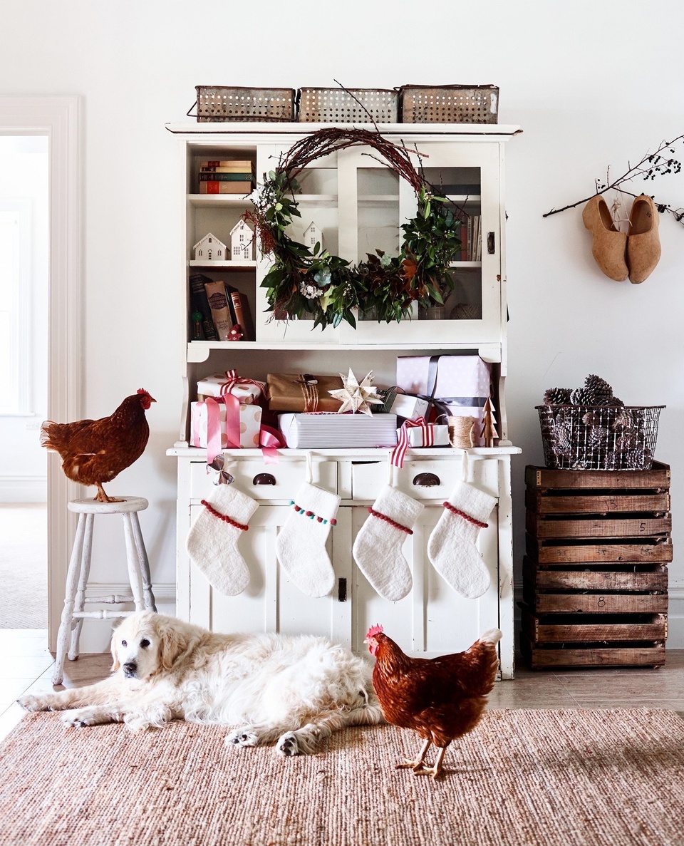 "My favourite part of Christmas is at the end of dessert, when I know everyone has a full tummy and a glass in their hand, and we're all laughing and relaxed," says One Fat Emu founder, Kate Brew. ⁠
⁠
Each year, she and her family gather at their property Nether Hill Farm to celebrate, bake desserts and create decorations from branches and flowers from the garden. ⁠
⁠
Here, Millie the golden retriever lazes under the Christmas stockings with chooks Clucky and Brownie.⁠
⁠
Tap the link in our profile to tour the home.⁠
⁠
Photography: @markroperphotography⁠
Styling: @lee_blaylock⁠
Words: @virginia_imhoff⁠
⁠
#christmasdecorating #christmasstockings #farmhousechristmas #farmhousestyle #rusticstyle