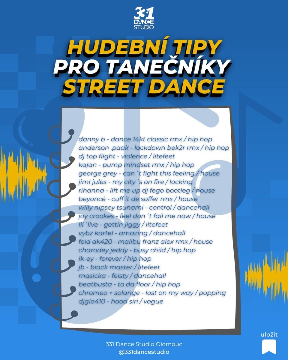 🎶 Nová várka hudebních tipů pro tanečníky Street Dance je tady 😍⁠
⁠
Co si pustit na trénink Hip Hopu, House Dance, Dancehallu, Poppingu, Lockingu nebo Litefeetu? 🎧 ⁠Ulož si tento příspěvek a budeš to vždycky vědět 😊 ⁠
⁠
Pro další hudební tipy pro tanečníky sleduj ⁠
▶️ @331dancestudio ◀️⁠
⁠
#hudba #tanecnihudba #hudebnitipy #hudebnitip #hudbaprotanecniky #hudbanatanec #pisnicky #tanecnipisnicky #contemporarydancemusic #tanecnitipy #tipyprotanecniky #jaknatanec #czechdance #czechdancer #czechdancers #czdance #czdancer #czdancers #tanec #tancovani #tanecni #tanecolomouc #331dancestudio #streetdance #hiphoptanec #hiphopdance #hiphopolomouc #czechhiphopdancers #czhiphop #czechhiphop⁠